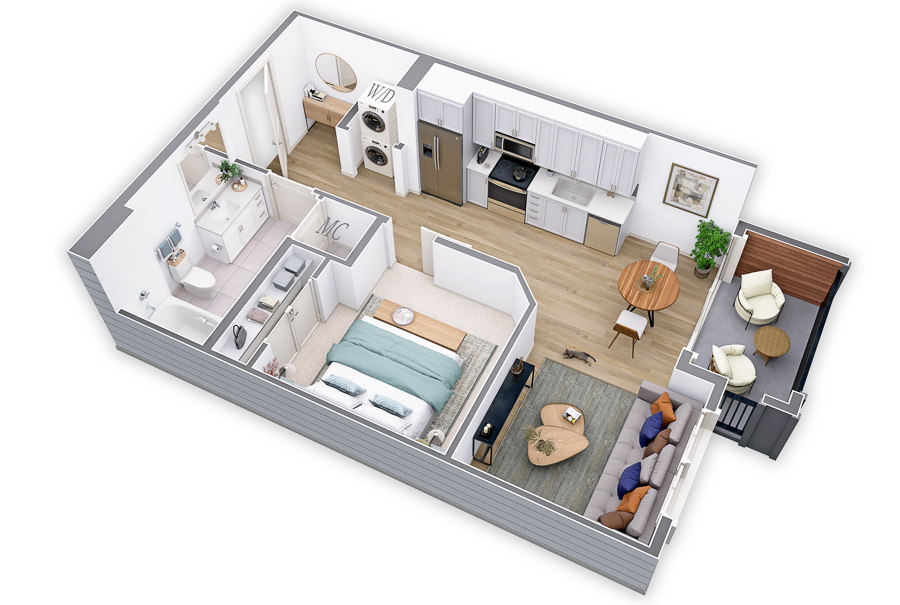 Floor plan for 1 bed, 1 bath, 580 sqft